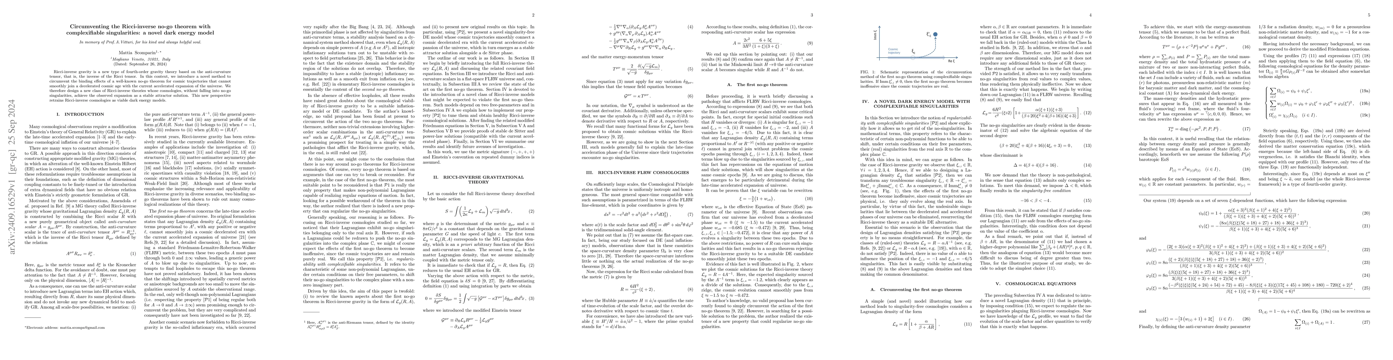 Thumbnail for Circumventing the Ricci-inverse no-go theorem with complexifiable
  singularities: a novel dark energy model