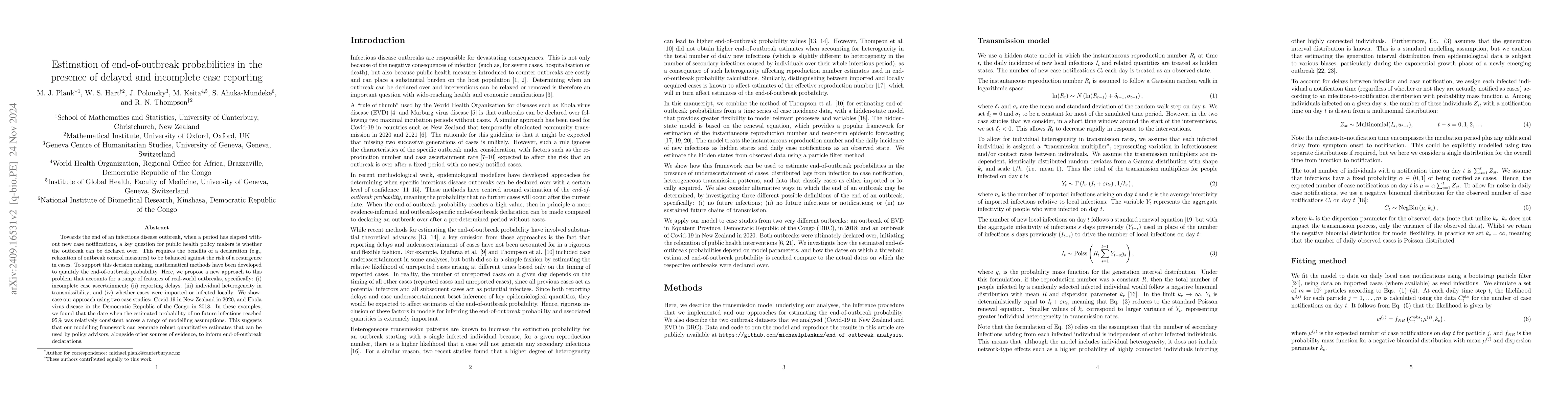 Thumbnail for Estimation of end-of-outbreak probabilities in the presence of delayed
  and incomplete case reporting