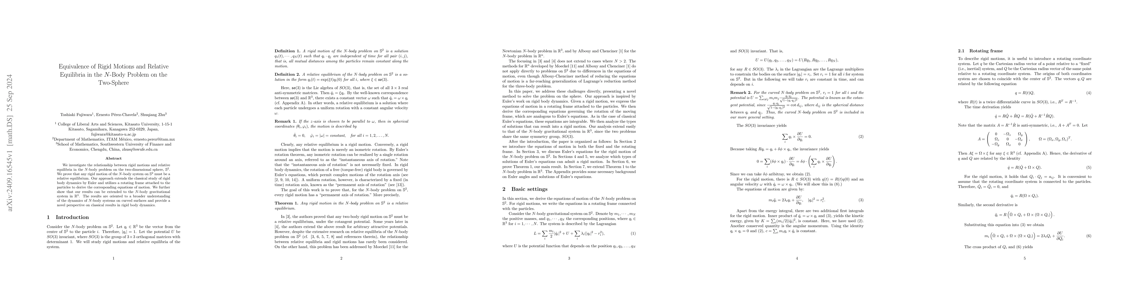 Thumbnail for Equivalence of Rigid Motions and Relative Equilibria in the N-Body
  Problem on the Two-Sphere