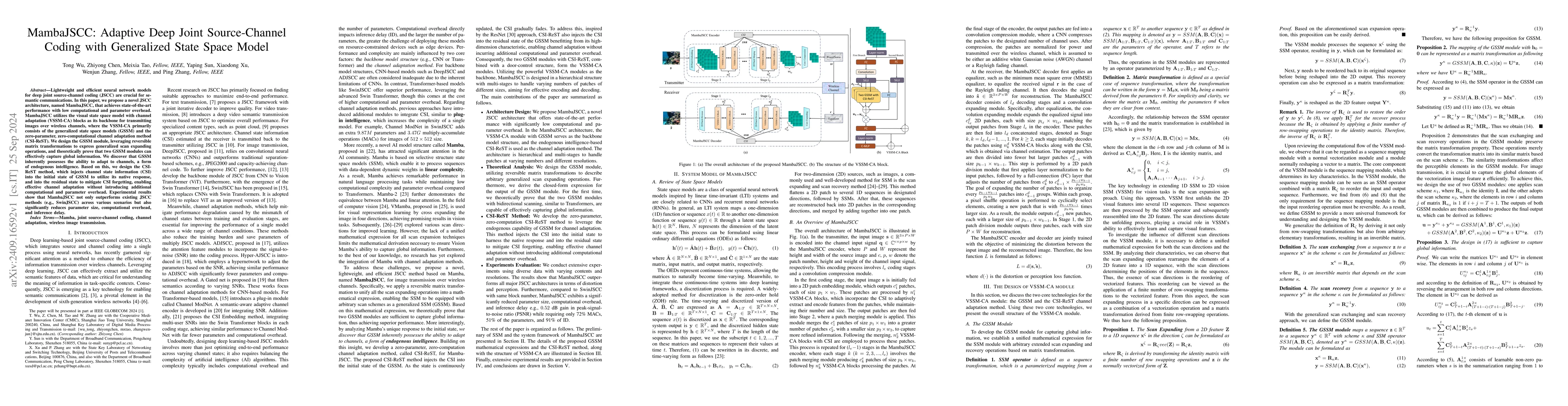 Thumbnail for MambaJSCC: Adaptive Deep Joint Source-Channel Coding with Generalized
  State Space Model