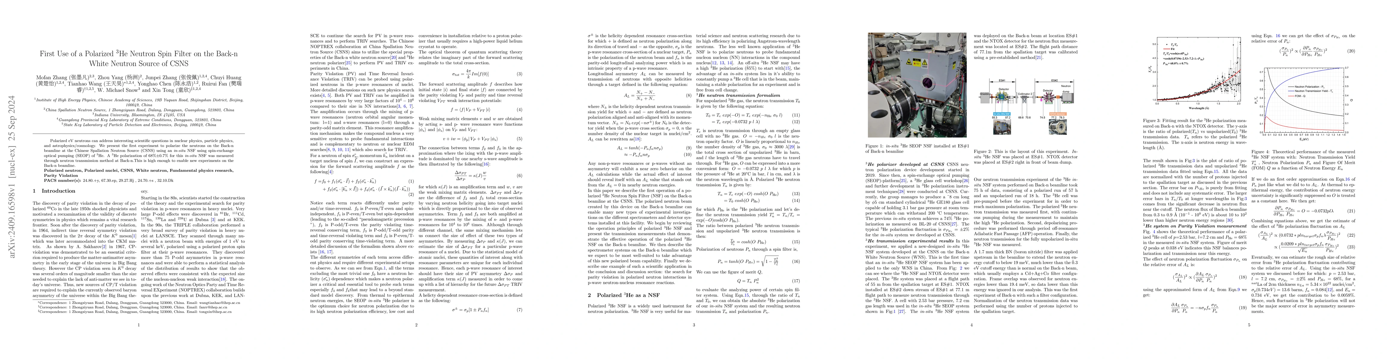 Thumbnail for First Use of a Polarized $^3$He Neutron Spin Filter on the Back-n White
  Neutron Source of CSNS