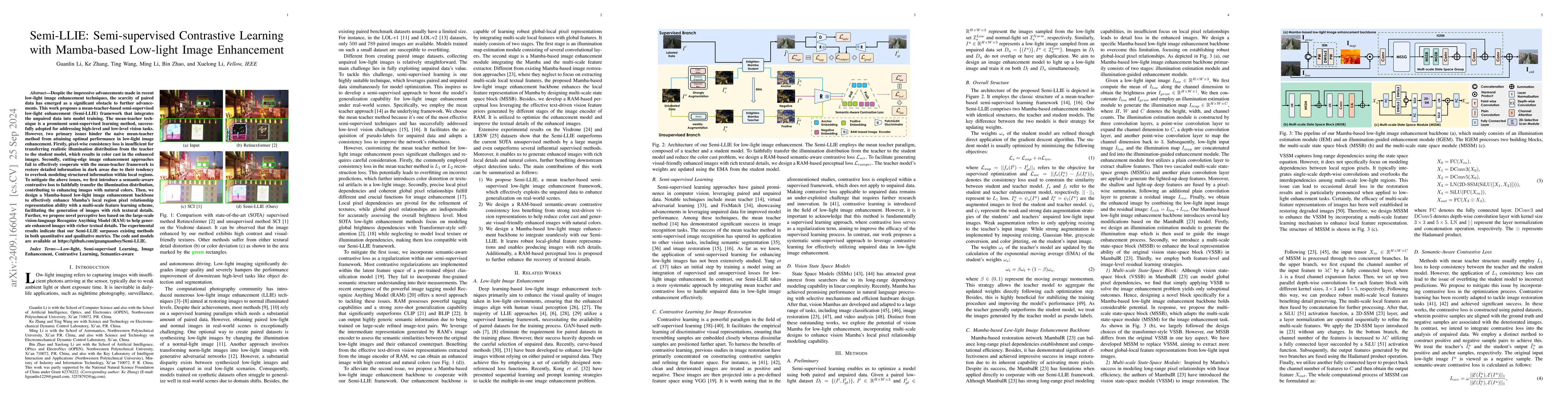 Thumbnail for Semi-LLIE: Semi-supervised Contrastive Learning with Mamba-based
  Low-light Image Enhancement