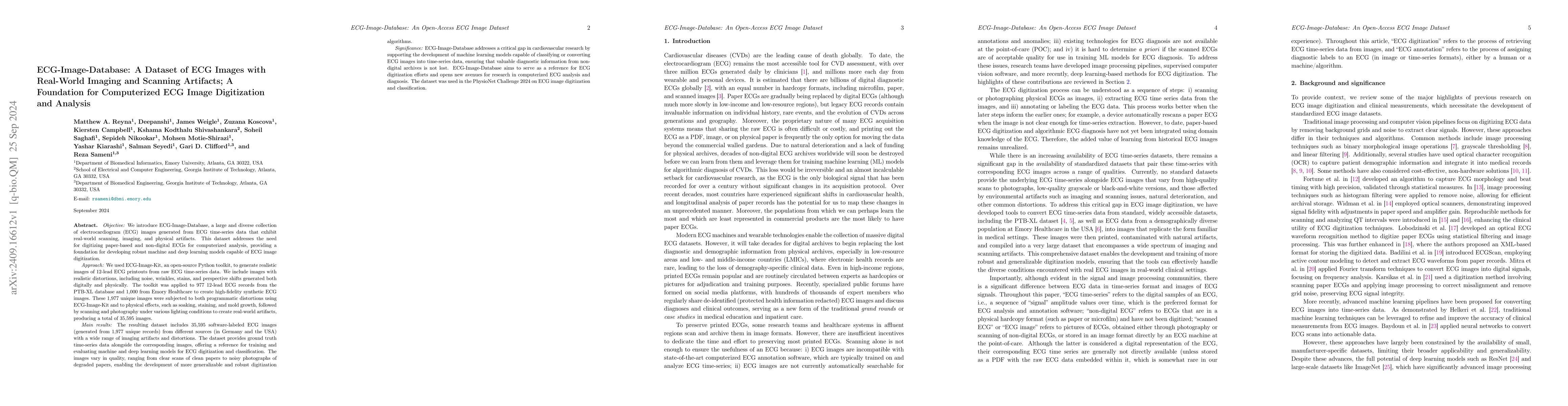 Thumbnail for ECG-Image-Database: A Dataset of ECG Images with Real-World Imaging and
  Scanning Artifacts; A Foundation for Computerized ECG Image Digitization and
  Analysis