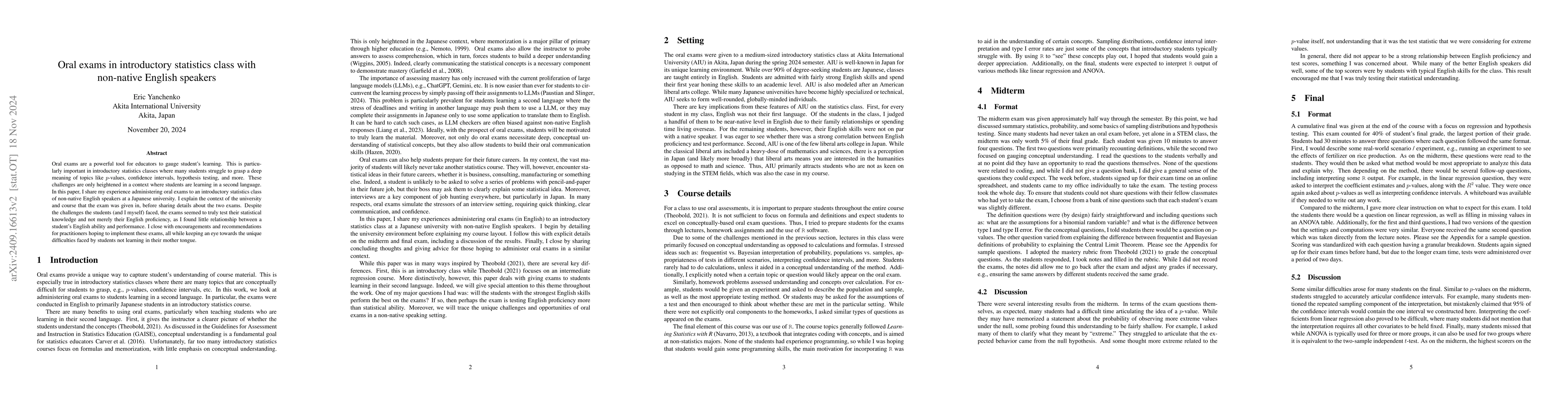 Thumbnail for Oral exams in introductory statistics class with non-native English
  speakers