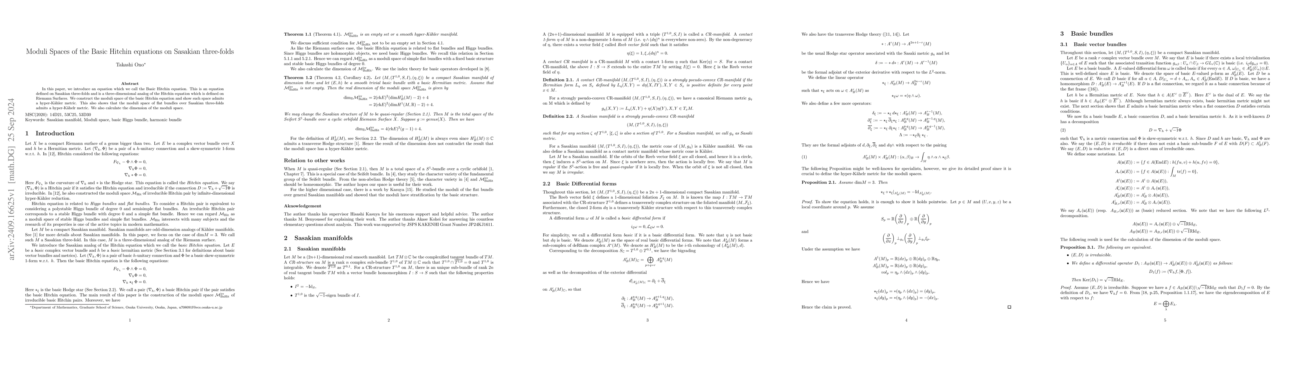 Thumbnail for Moduli Spaces of the Basic Hitchin equations on Sasakian three-folds