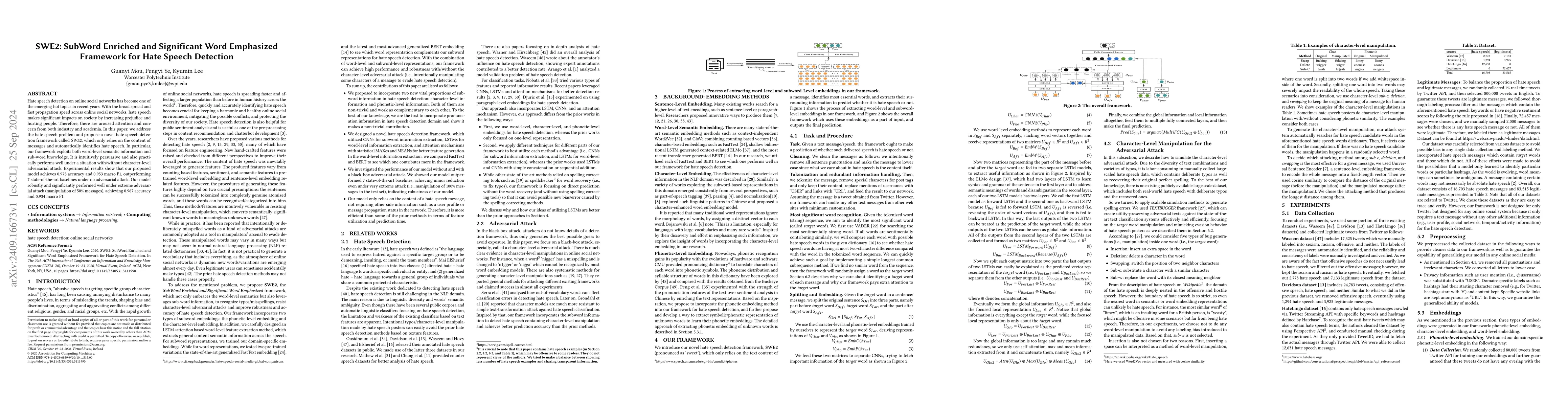 Thumbnail for SWE2: SubWord Enriched and Significant Word Emphasized Framework for
  Hate Speech Detection