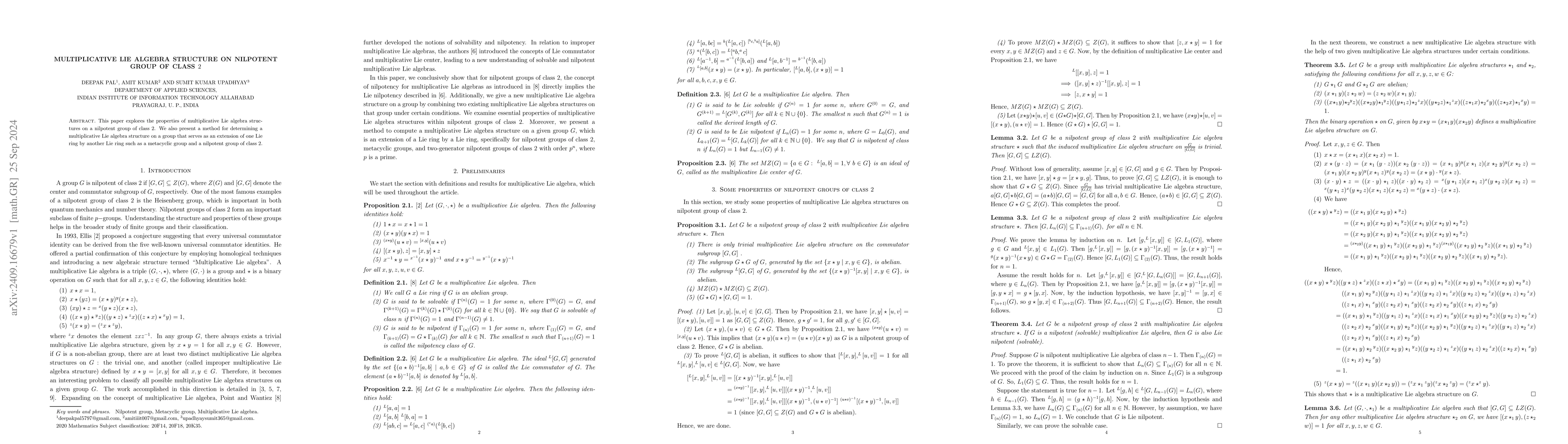 Thumbnail for Multiplicative Lie algebra structure on nilpotent group of class $2$