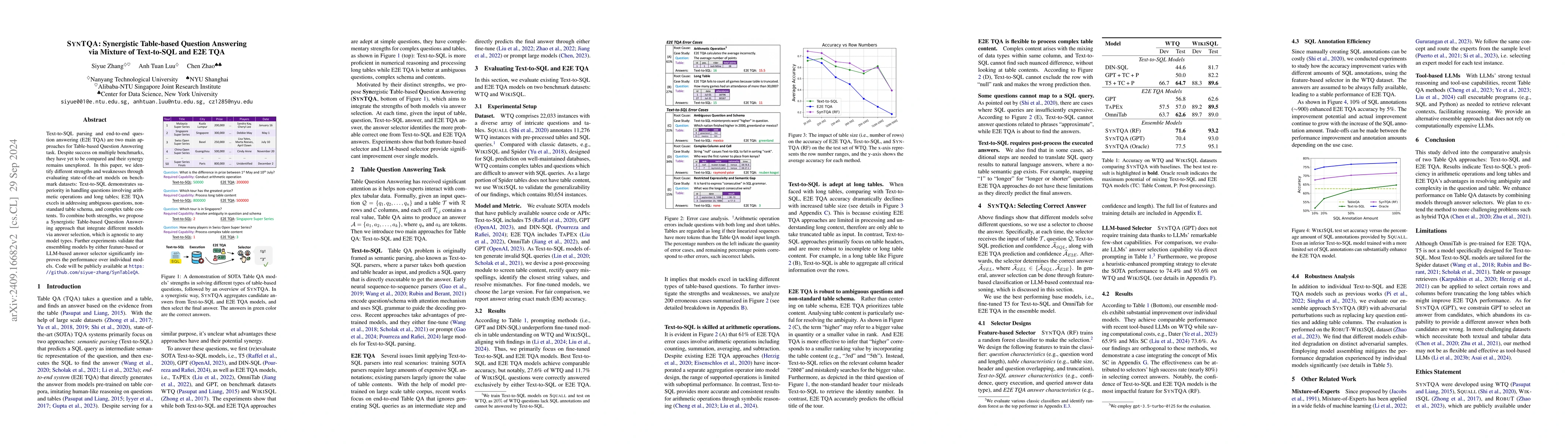 Thumbnail for SynTQA: Synergistic Table-based Question Answering via Mixture of
  Text-to-SQL and E2E TQA