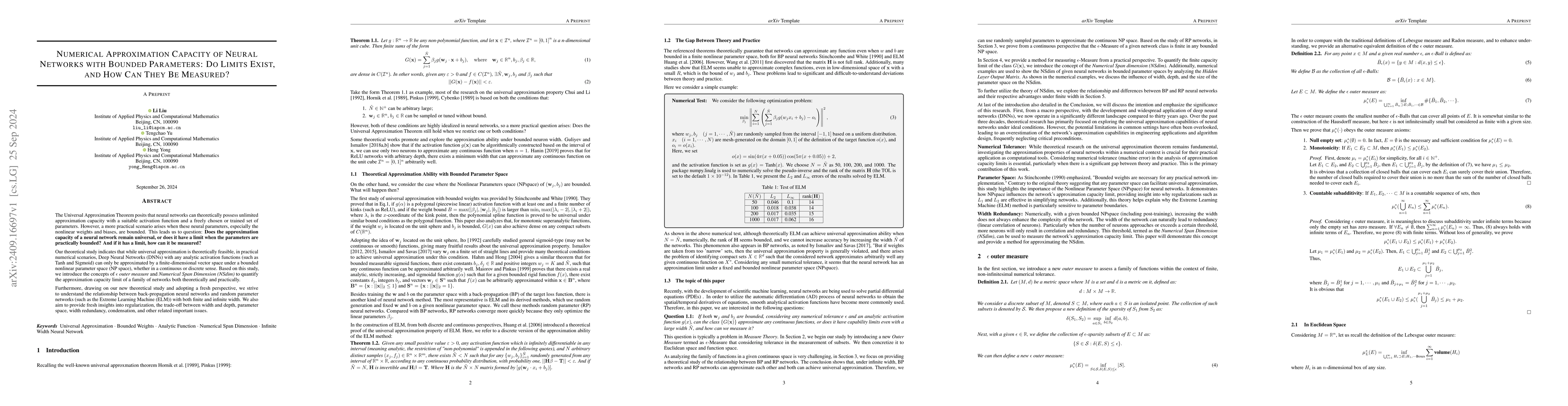 Thumbnail for Numerical Approximation Capacity of Neural Networks with Bounded
  Parameters: Do Limits Exist, and How Can They Be Measured?