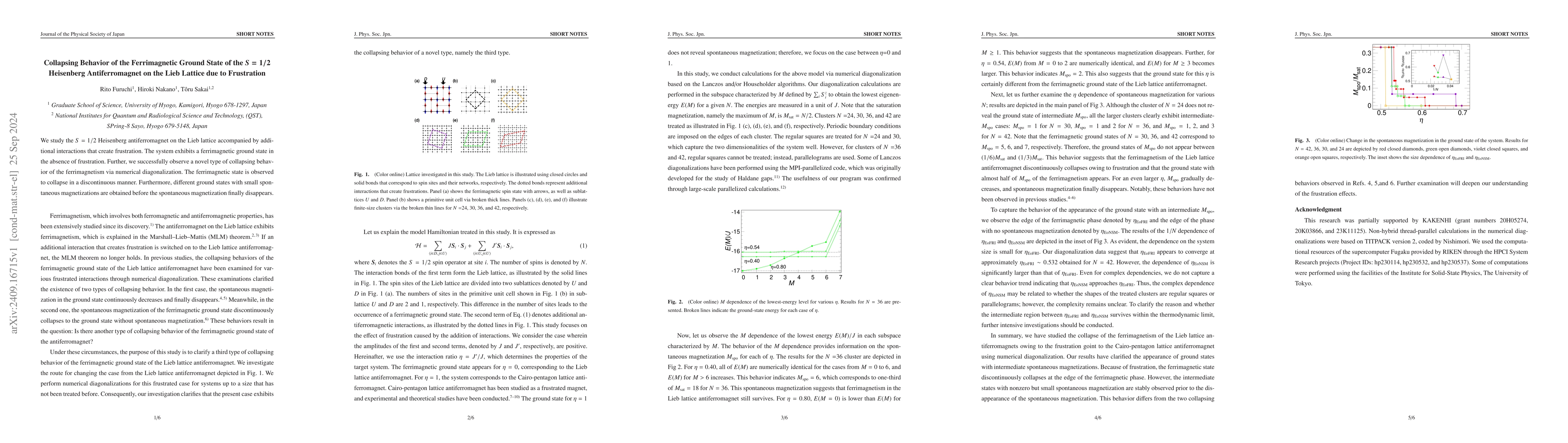 Thumbnail for Collapsing Behavior of the Ferrimagnetic Ground State of the $S=1/2$
  Heisenberg Antiferromagnet on the Lieb Lattice due to Frustration
