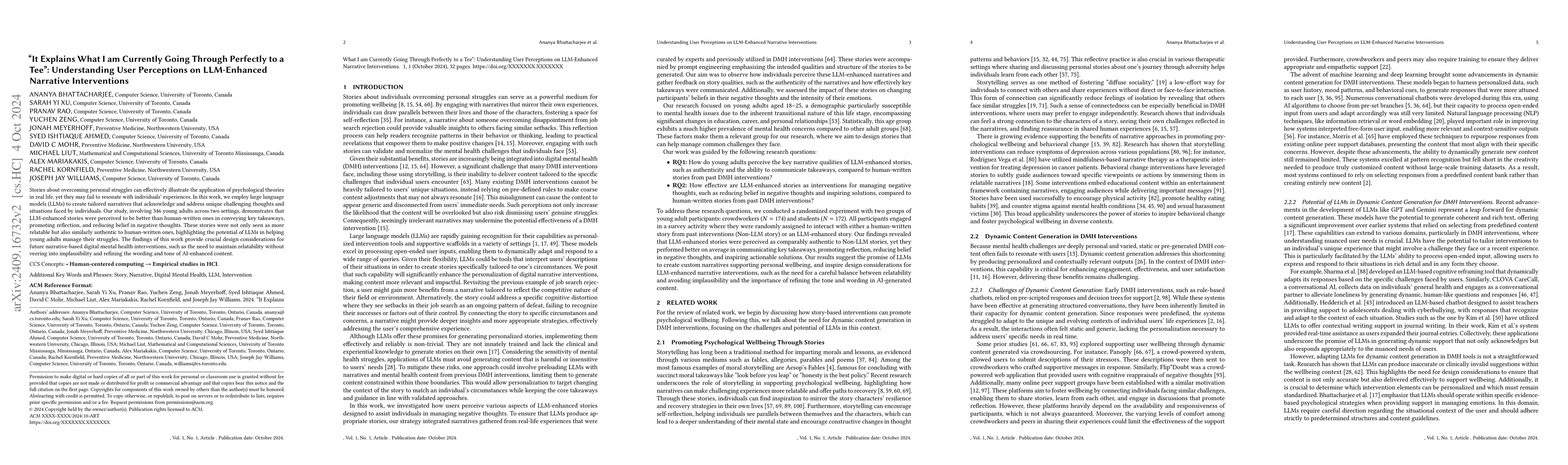 Thumbnail for "It Explains What I am Currently Going Through Perfectly to a Tee":
  Understanding User Perceptions on LLM-Enhanced Narrative Interventions