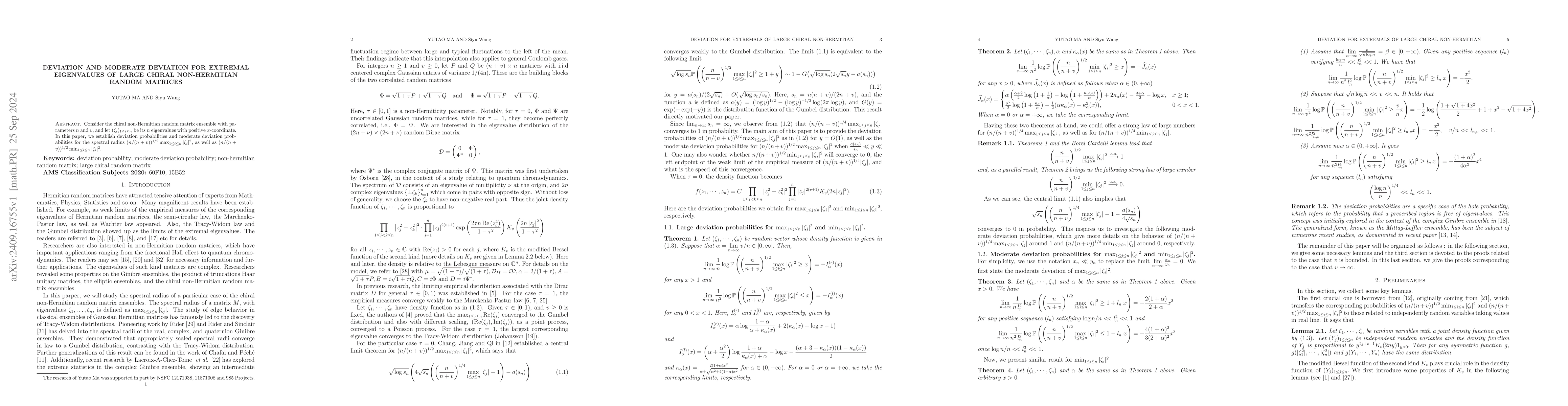 Thumbnail for Deviation and moderate deviation for extremal eigenvalues of large
  Chiral non-Hermitian random matrices