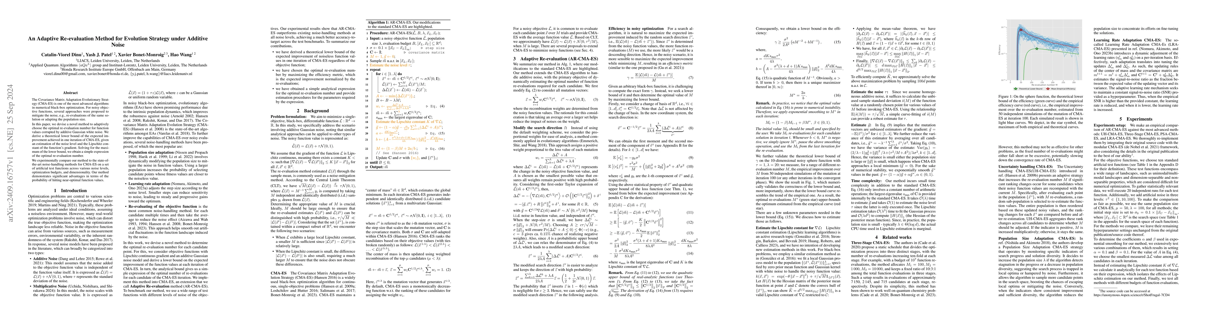 Thumbnail for An Adaptive Re-evaluation Method for Evolution Strategy under Additive
  Noise
