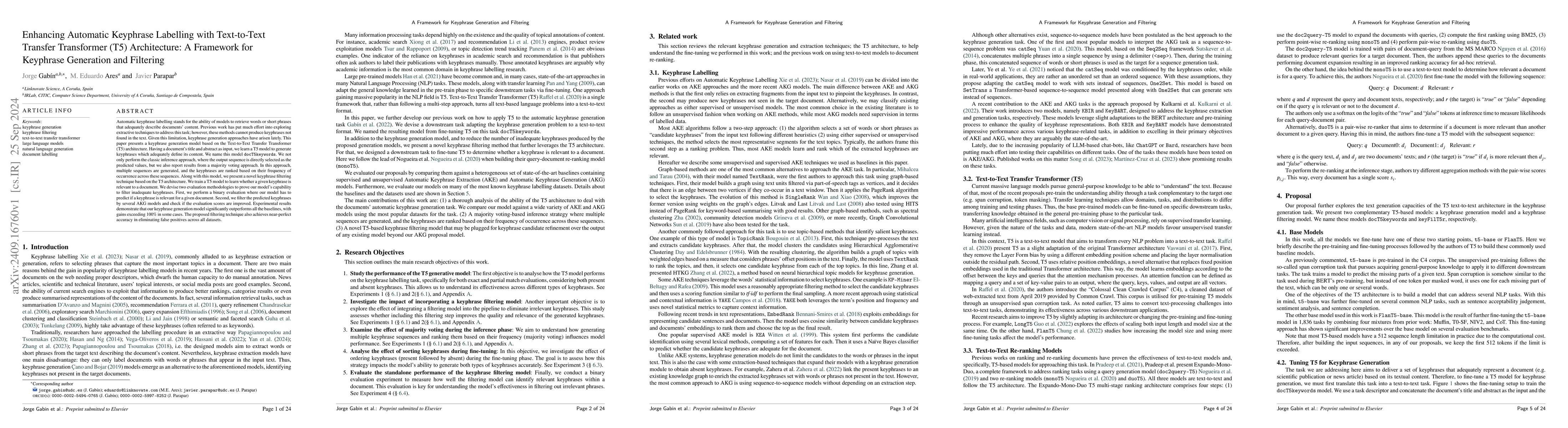 Thumbnail for Enhancing Automatic Keyphrase Labelling with Text-to-Text Transfer
  Transformer (T5) Architecture: A Framework for Keyphrase Generation and
  Filtering