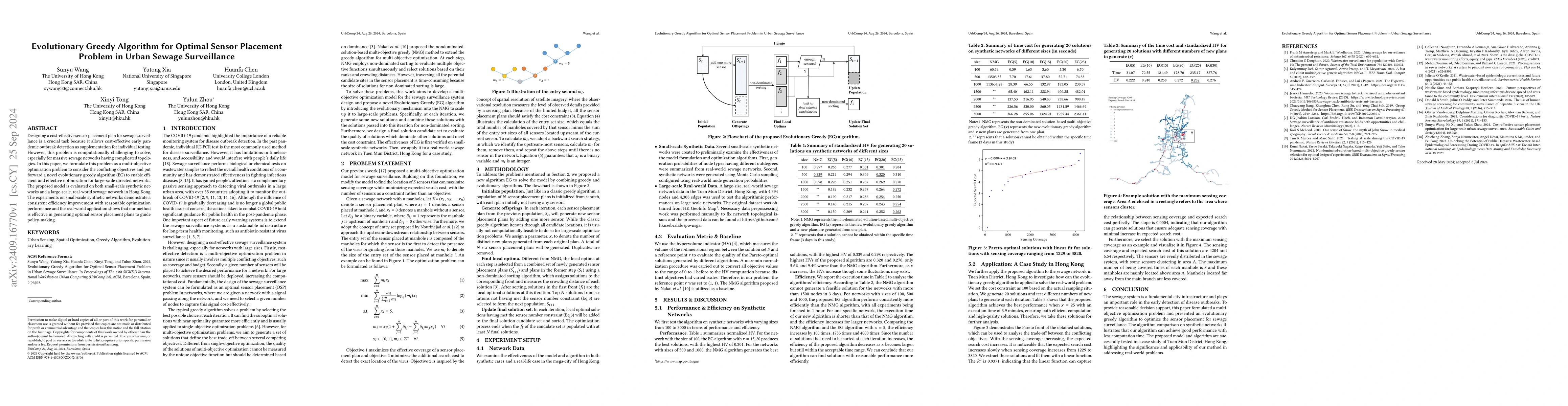Thumbnail for Evolutionary Greedy Algorithm for Optimal Sensor Placement Problem in
  Urban Sewage Surveillance