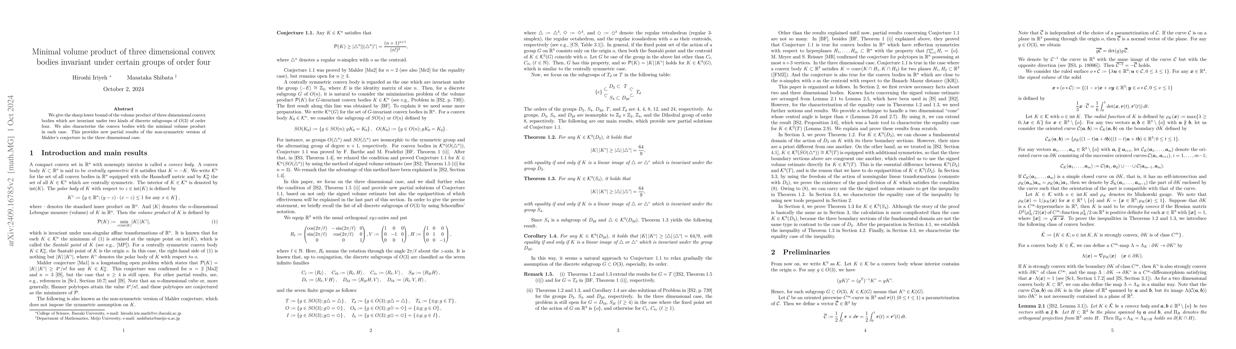 Thumbnail for Minimal volume product of three dimensional convex bodies invariant
  under certain groups of order four