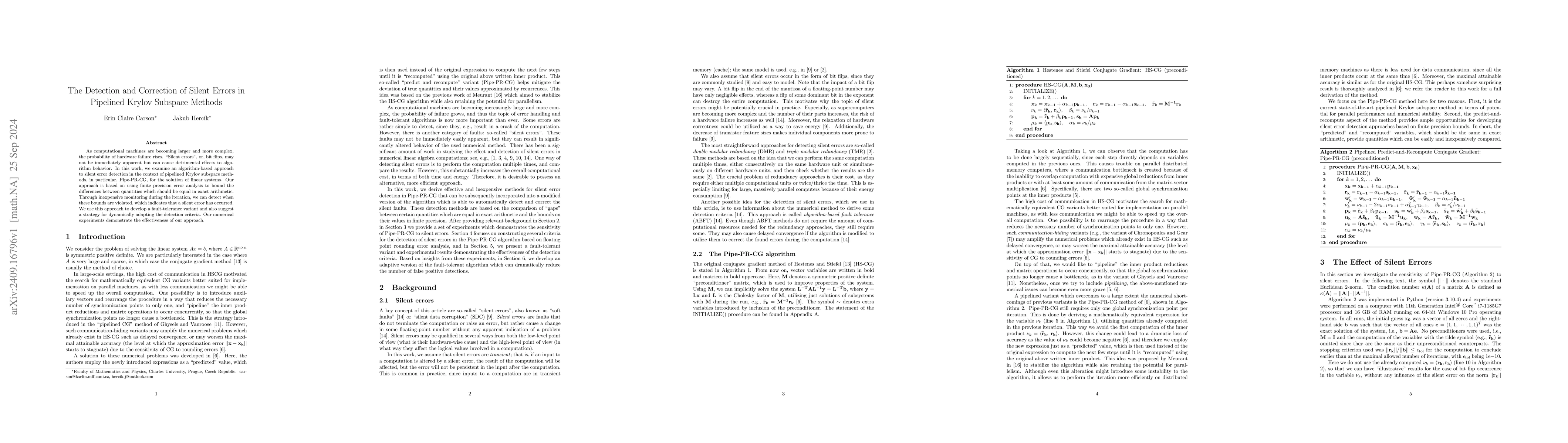 Thumbnail for The Detection and Correction of Silent Errors in Pipelined Krylov
  Subspace Methods