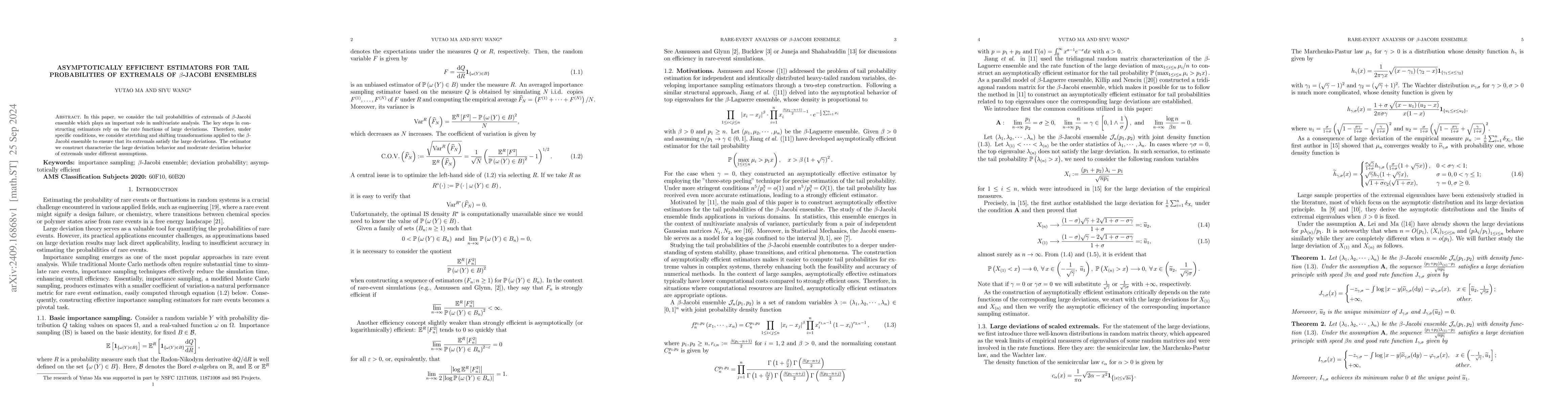 Thumbnail for Asymptotically efficient estimators for tail probabilities of extremals
  of $β$-Jacobi ensembles