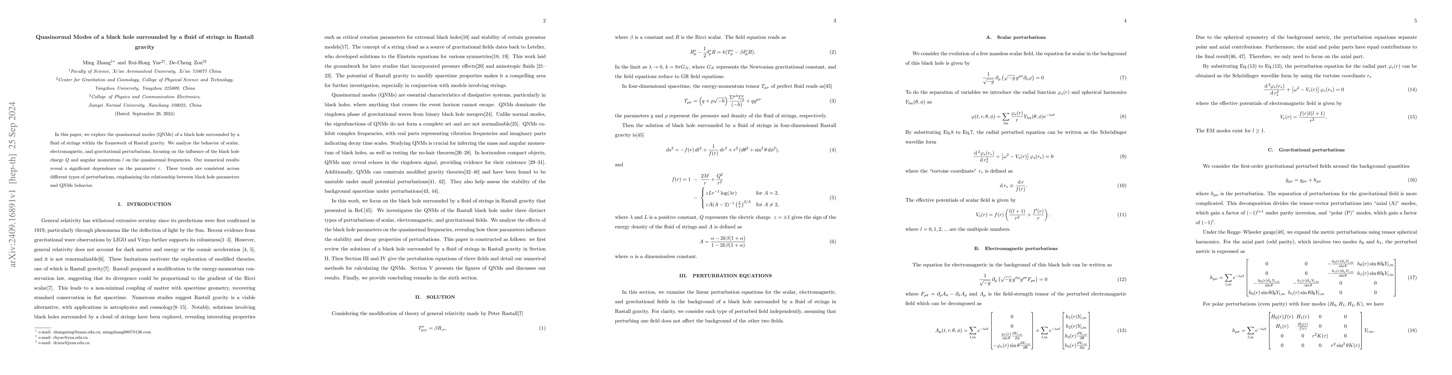 Thumbnail for Quasinormal Modes of a black hole surrounded by a fluid of strings in
  Rastall gravity