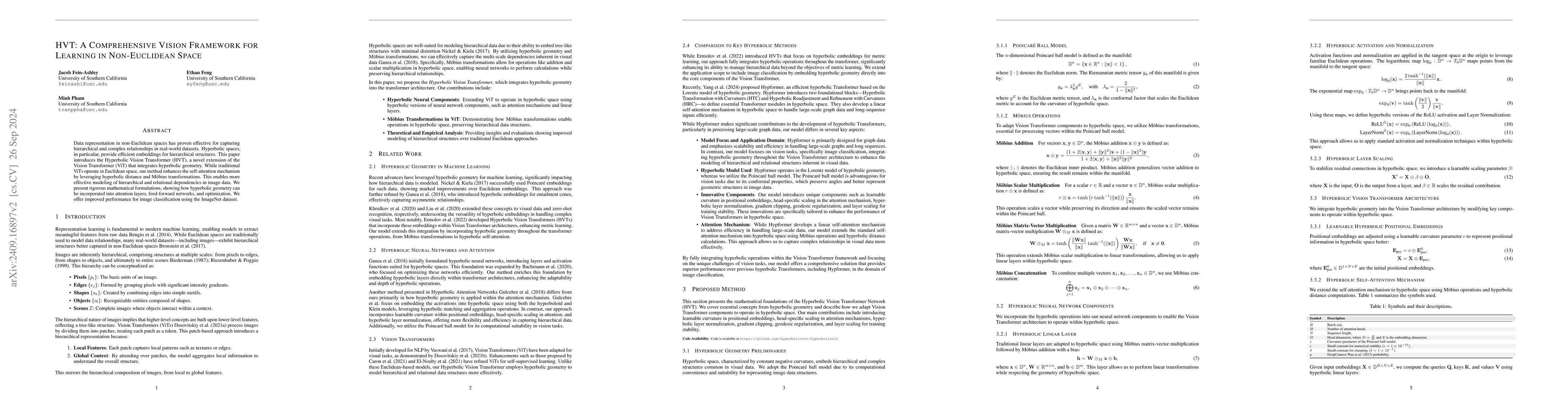 Thumbnail for HVT: A Comprehensive Vision Framework for Learning in Non-Euclidean
  Space
