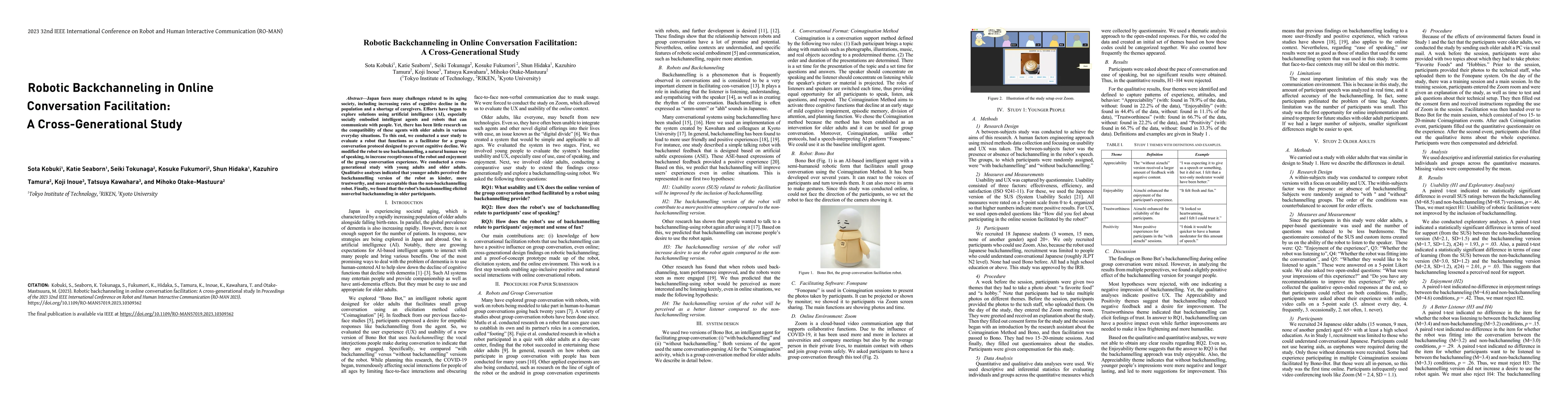 Thumbnail for Robotic Backchanneling in Online Conversation Facilitation: A
  Cross-Generational Study