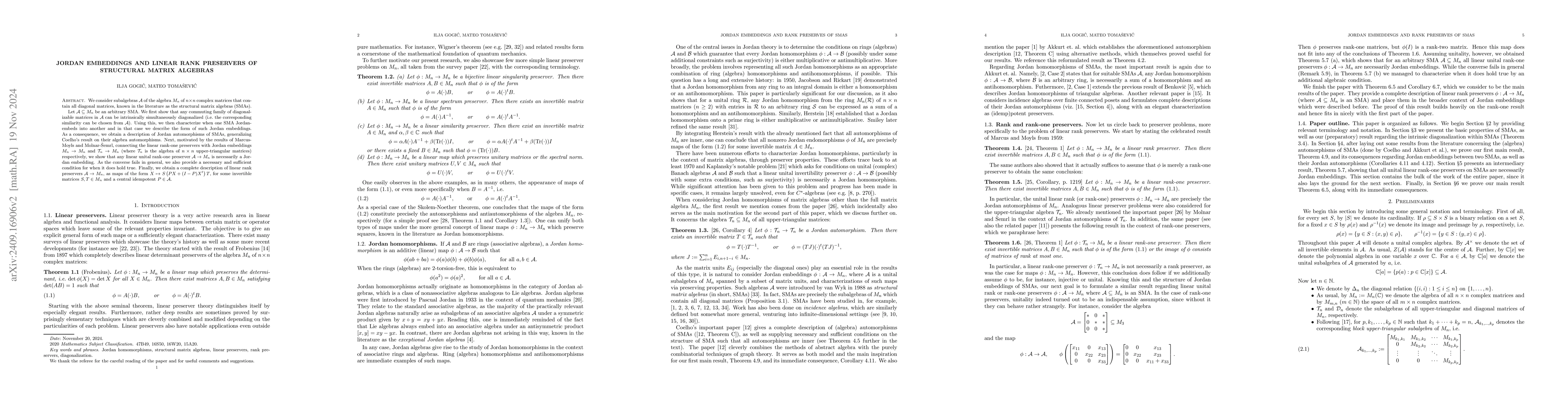 Thumbnail for Jordan embeddings and linear rank preservers of structural matrix
  algebras