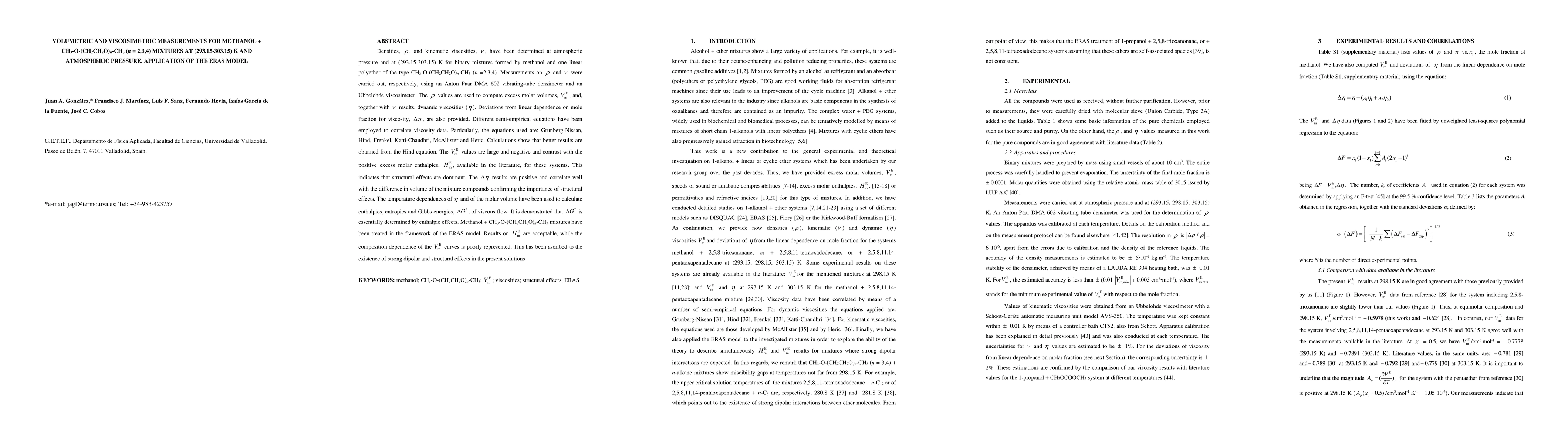 Thumbnail for Volumetric and Viscosimetric Measurements for Methanol +
  CH$_3$-O-(CH$_2$CH$_2$O)$_n$-CH$_3$ ($n$ = 2, 3, 4) Mixtures at
  (293.15-303.15) K and Atmospheric Pressure: Application of the ERAS Model
