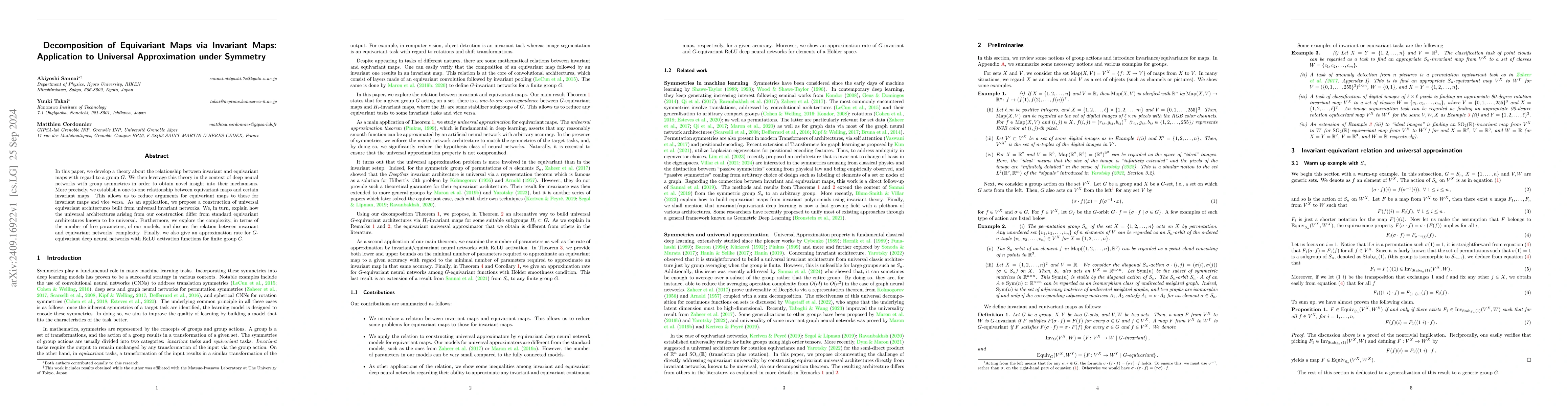 Thumbnail for Decomposition of Equivariant Maps via Invariant Maps: Application to
  Universal Approximation under Symmetry
