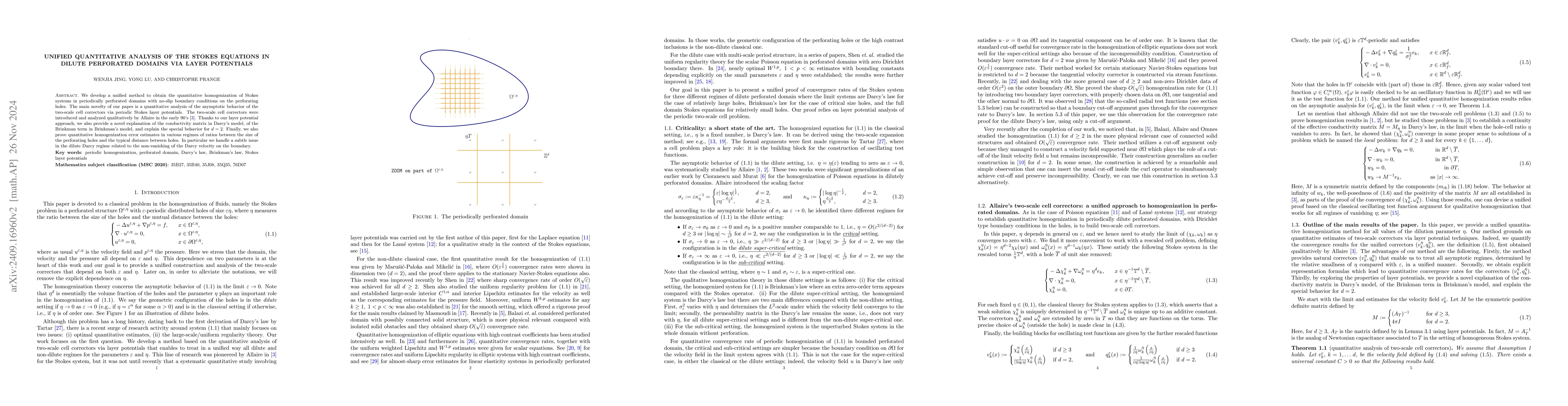 Thumbnail for Unified quantitative analysis of the Stokes equations in dilute
  perforated domains via layer potentials