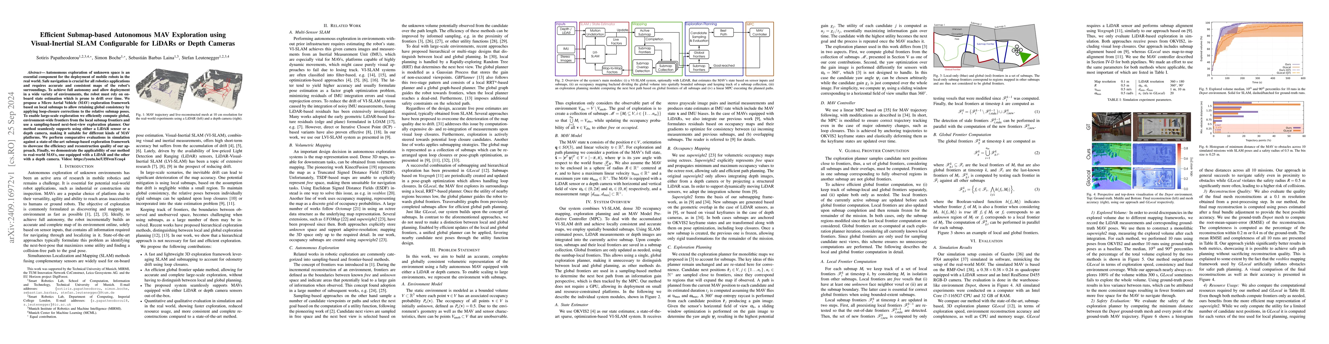 Thumbnail for Efficient Submap-based Autonomous MAV Exploration using Visual-Inertial
  SLAM Configurable for LiDARs or Depth Cameras