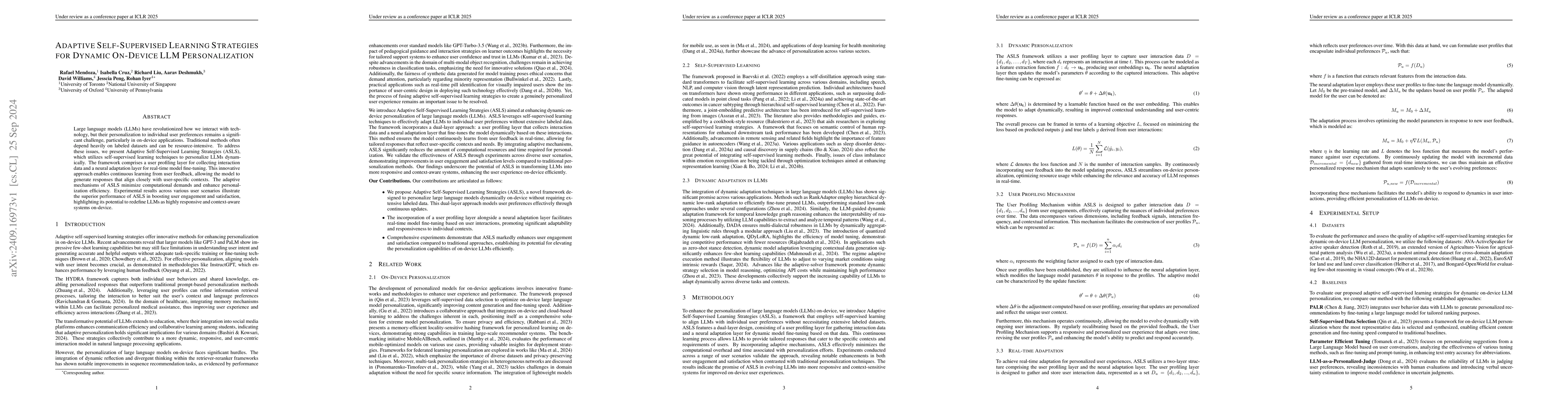 Thumbnail for Adaptive Self-Supervised Learning Strategies for Dynamic On-Device LLM
  Personalization
