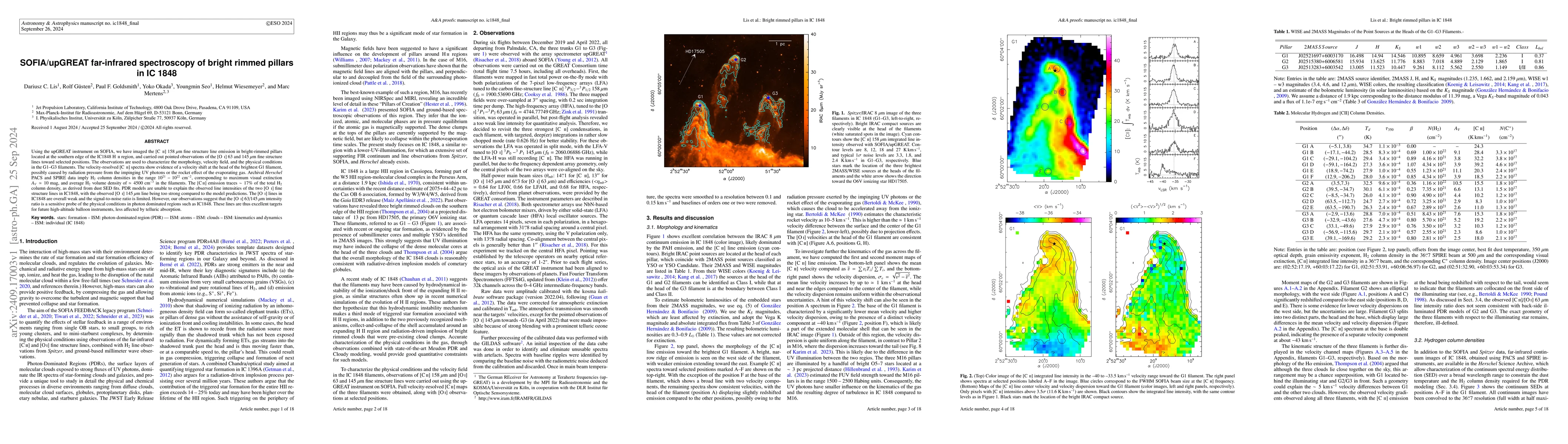 Thumbnail for SOFIA/upGREAT far-infrared spectroscopy of bright rimmed pillars in IC
  1848
