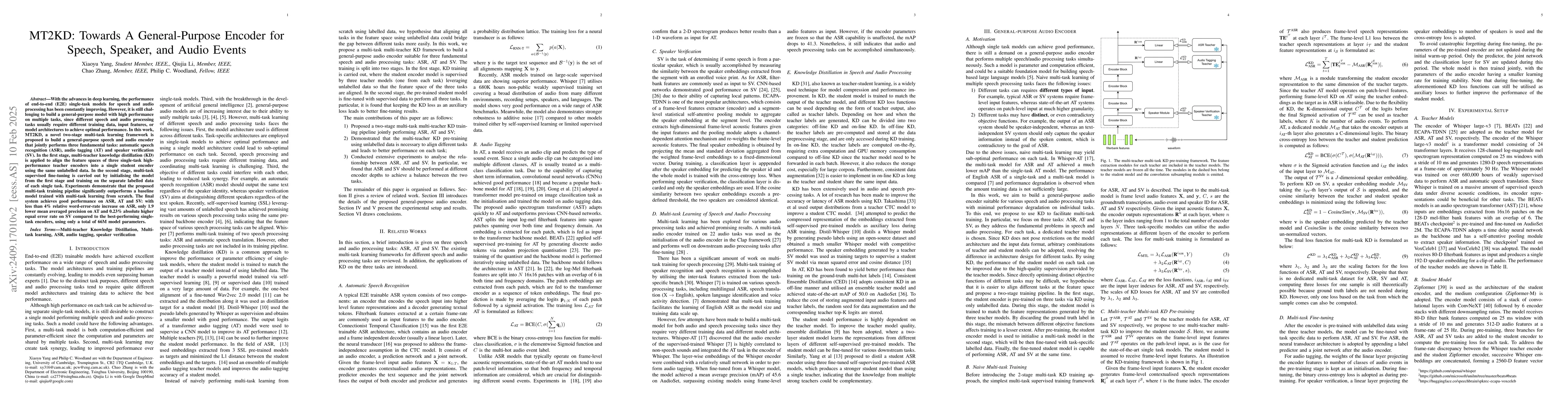 Thumbnail for MT2KD: Towards A General-Purpose Encoder for Speech, Speaker, and Audio
  Events