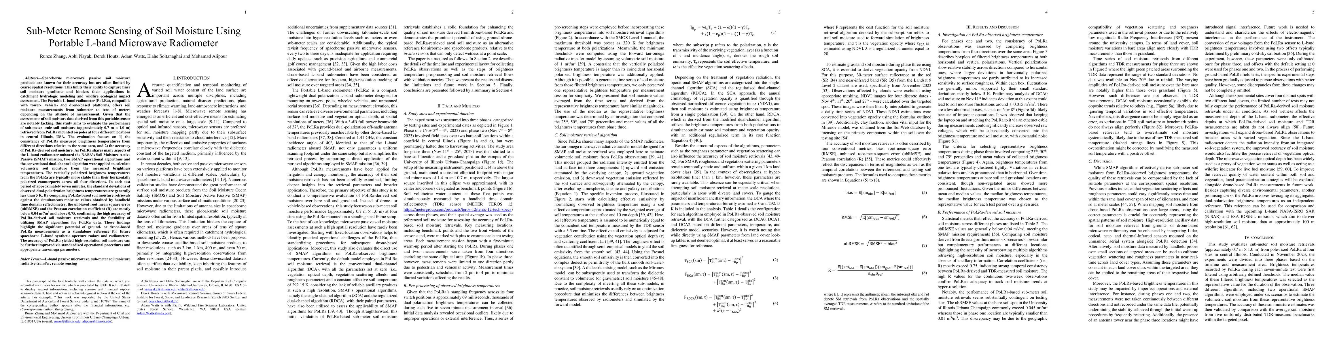 Thumbnail for Sub-Meter Remote Sensing of Soil Moisture Using Portable L-band
  Microwave Radiometer