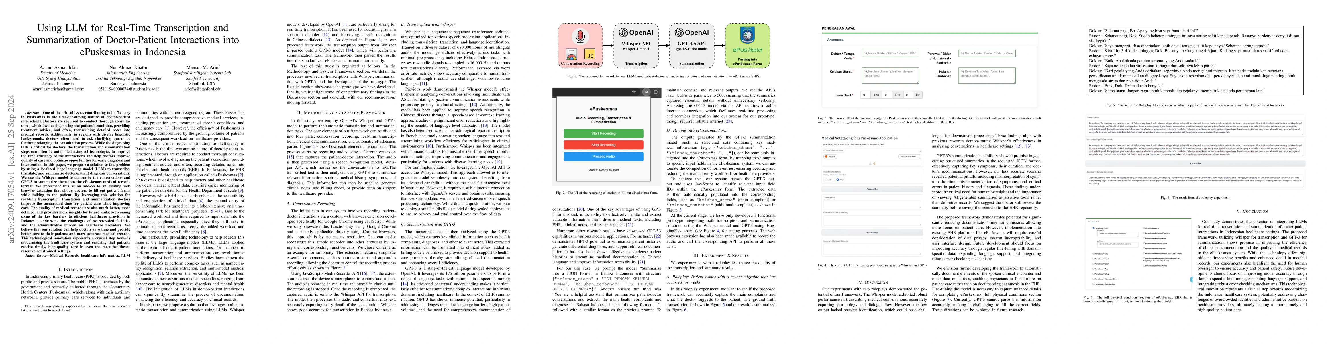 Thumbnail for Using LLM for Real-Time Transcription and Summarization of
  Doctor-Patient Interactions into ePuskesmas in Indonesia