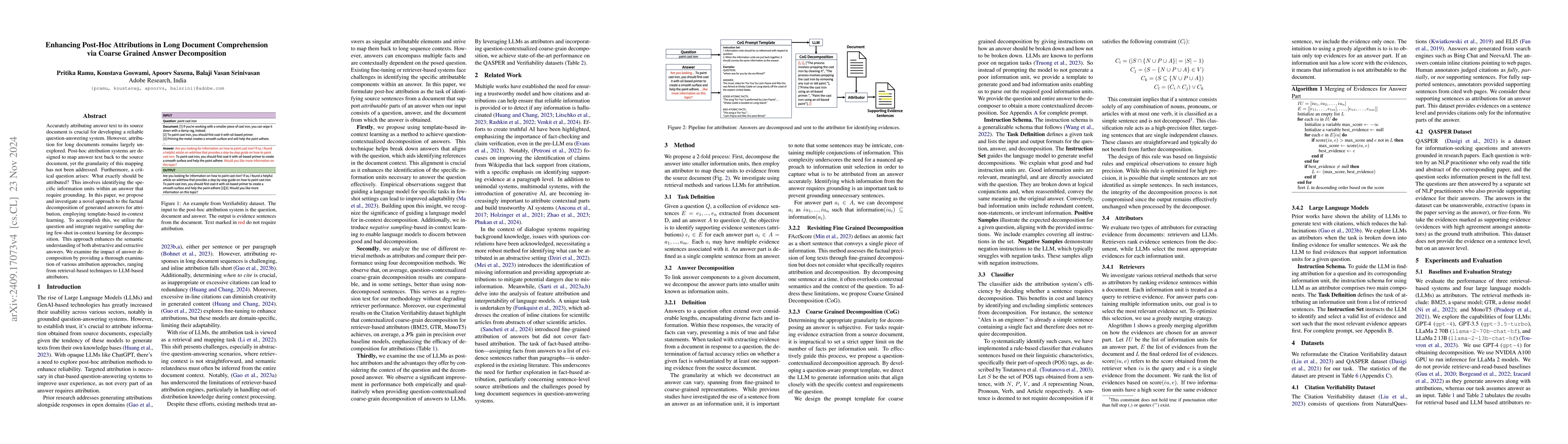Thumbnail for Enhancing Post-Hoc Attributions in Long Document Comprehension via
  Coarse Grained Answer Decomposition