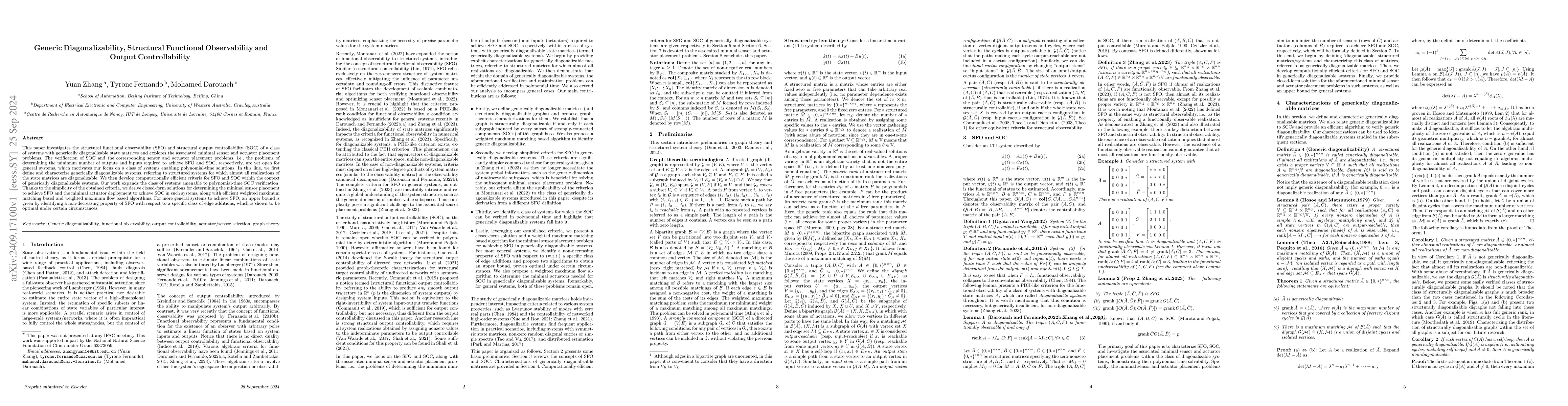 Thumbnail for Generic Diagonalizability, Structural Functional Observability and
  Output Controllability