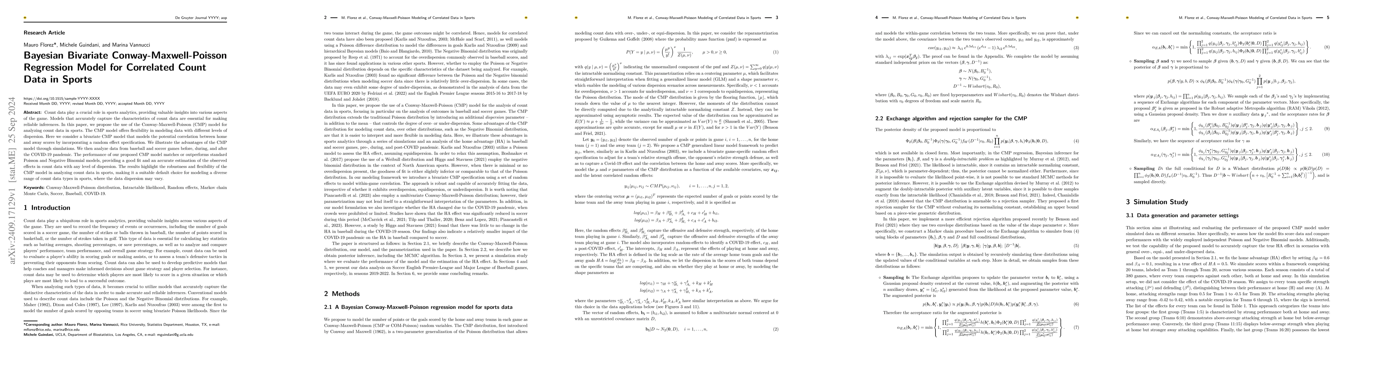 Thumbnail for Bayesian Bivariate Conway-Maxwell-Poisson Regression Model for
  Correlated Count Data in Sports