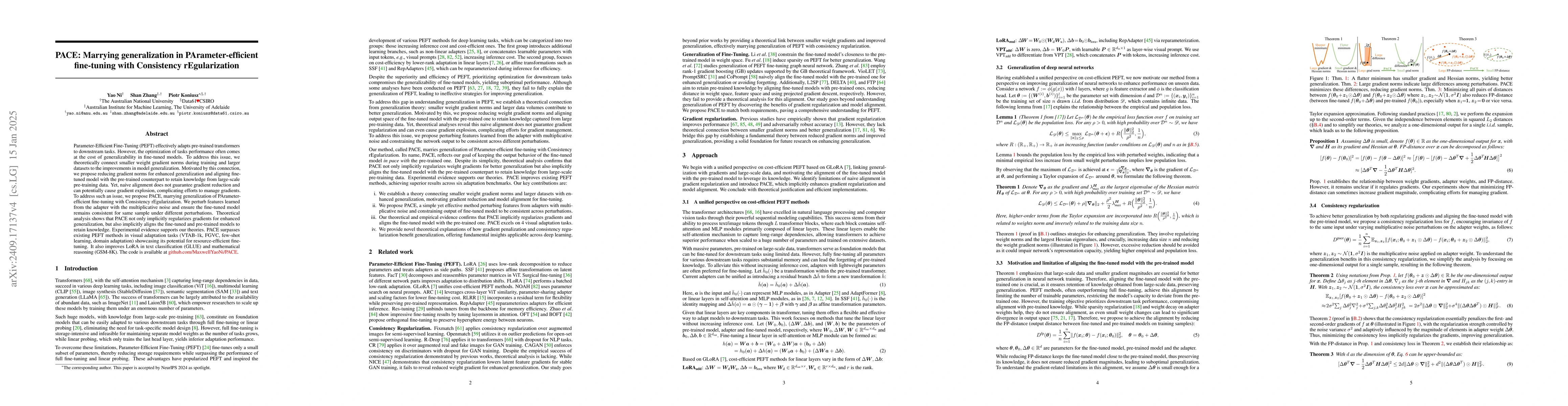 Thumbnail for PACE: marrying generalization in PArameter-efficient fine-tuning with
  Consistency rEgularization