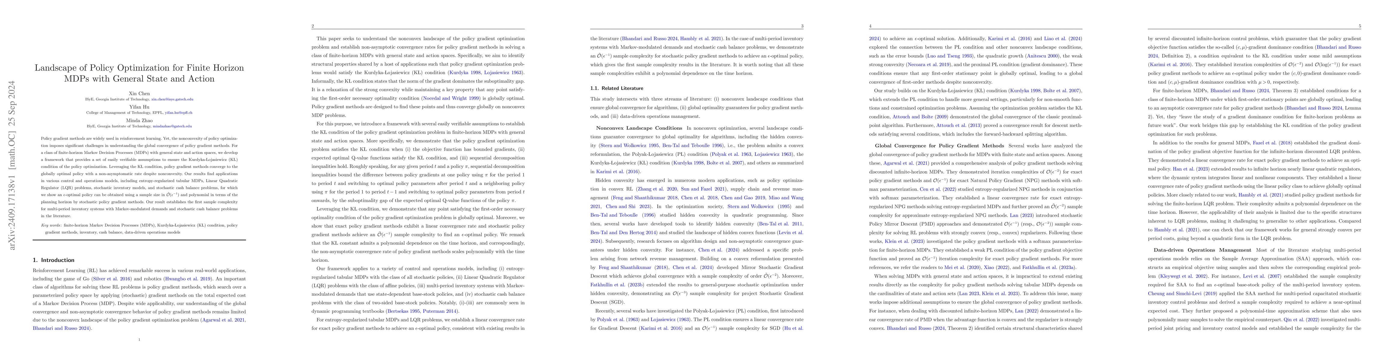 Thumbnail for Landscape of Policy Optimization for Finite Horizon MDPs with General
  State and Action