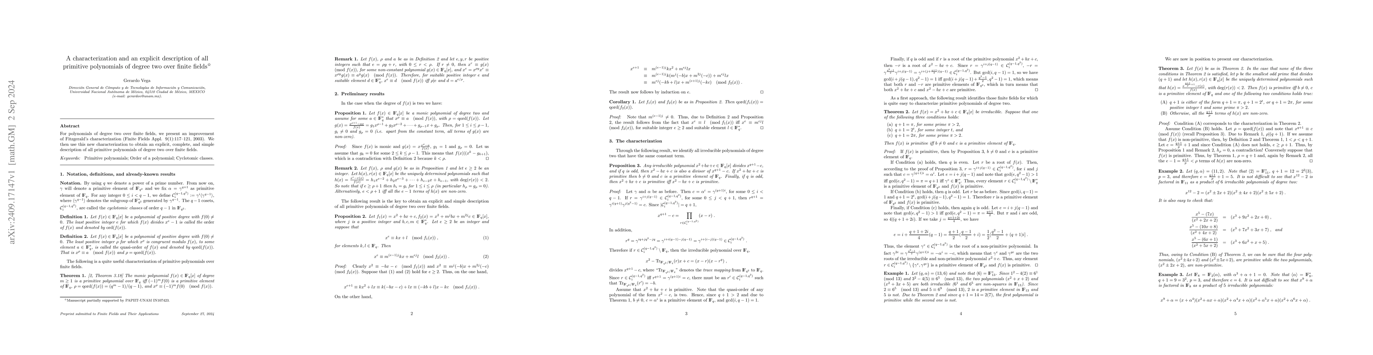 Thumbnail for A characterization and an explicit description of all primitive
  polynomials of degree two over finite fields
