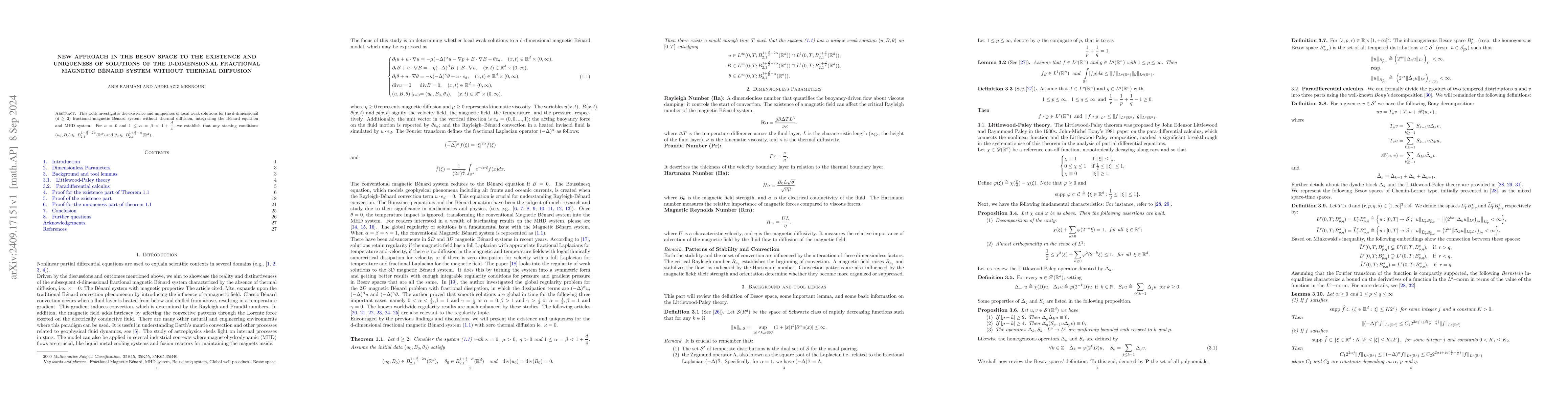 Thumbnail for New approach in the Besov space to the existence and uniqueness of
  solutions of the D-dimensional fractional magnetic Bénard system without
  thermal diffusion