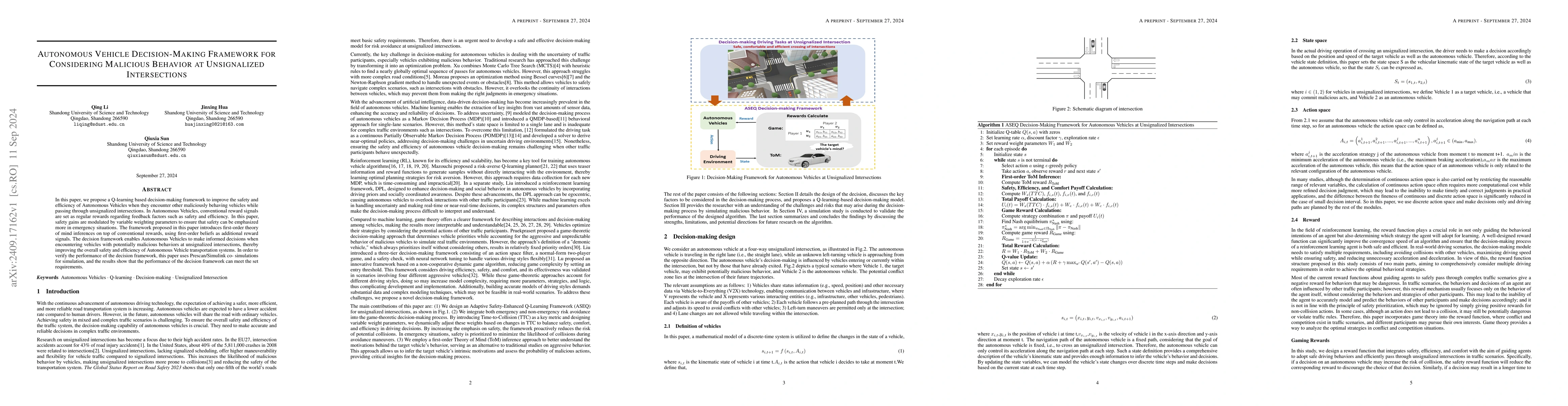 Thumbnail for Autonomous Vehicle Decision-Making Framework for Considering Malicious
  Behavior at Unsignalized Intersections