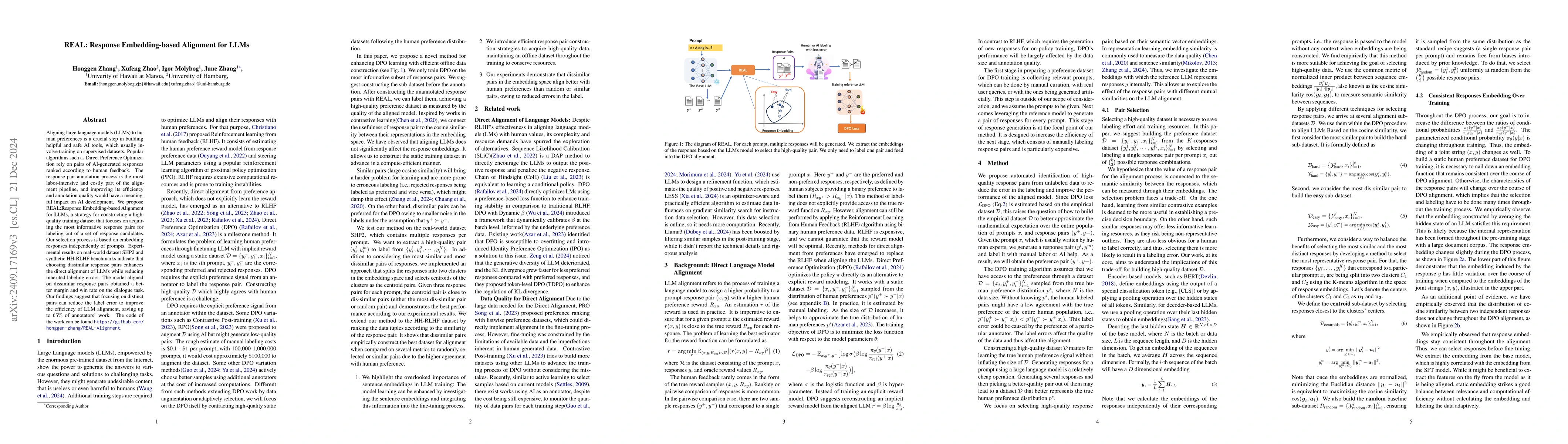 Thumbnail for REAL: Response Embedding-based Alignment for LLMs