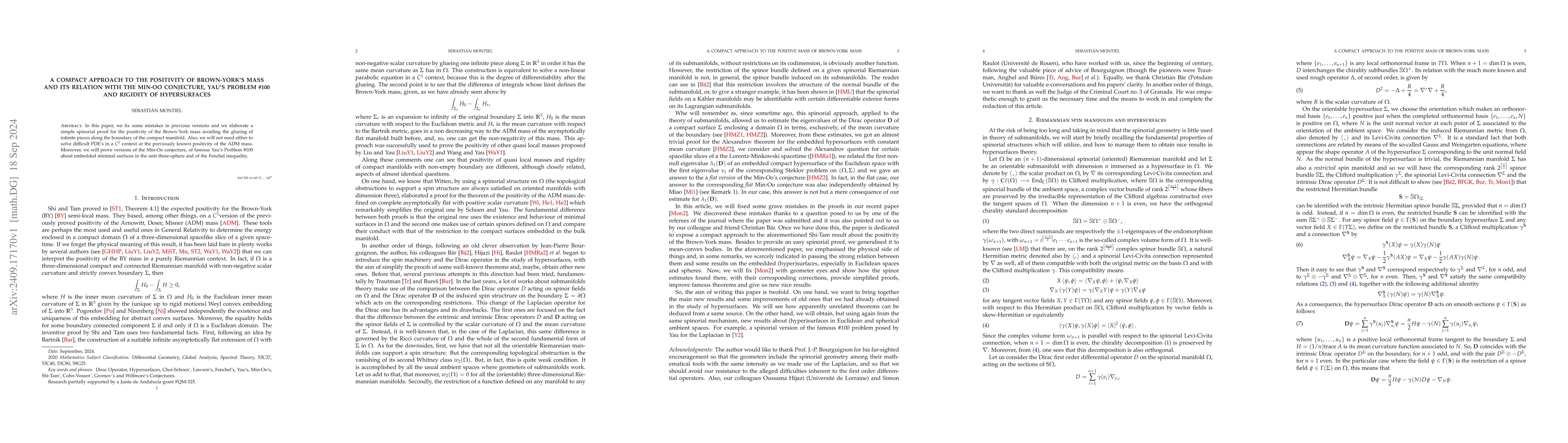 Thumbnail for A compact approach to the positivity of Brown-York's mass and its
  relation with the Min-Oo conjecture, Yau's Problem \#100 and rigidity of
  hypersurfaces
