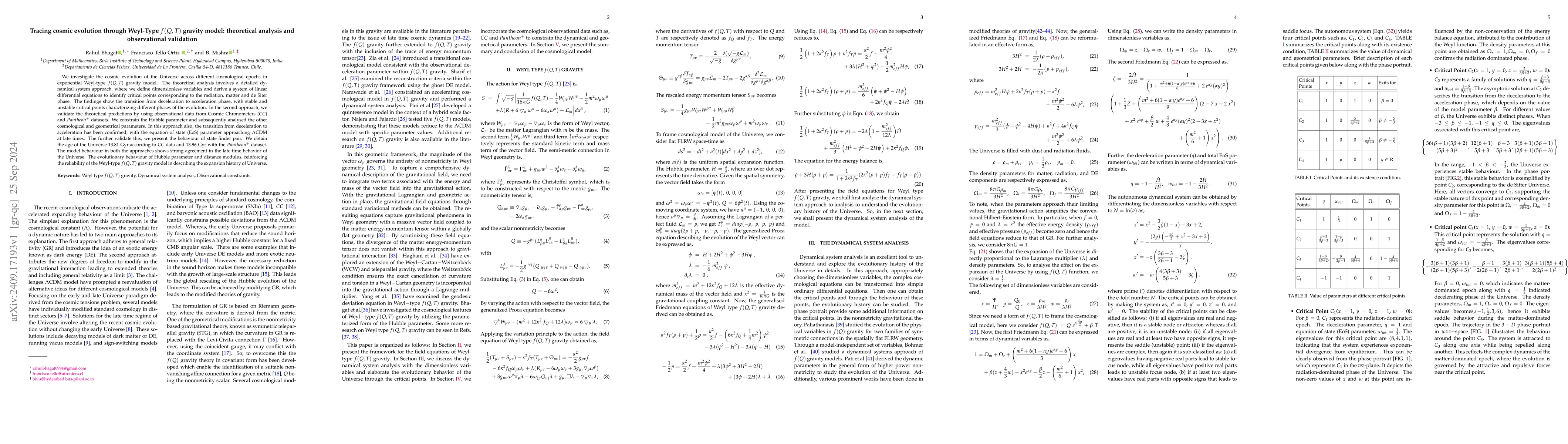 Thumbnail for Tracing cosmic evolution through Weyl-Type f(Q,T) gravity model:
  theoretical analysis and observational validation