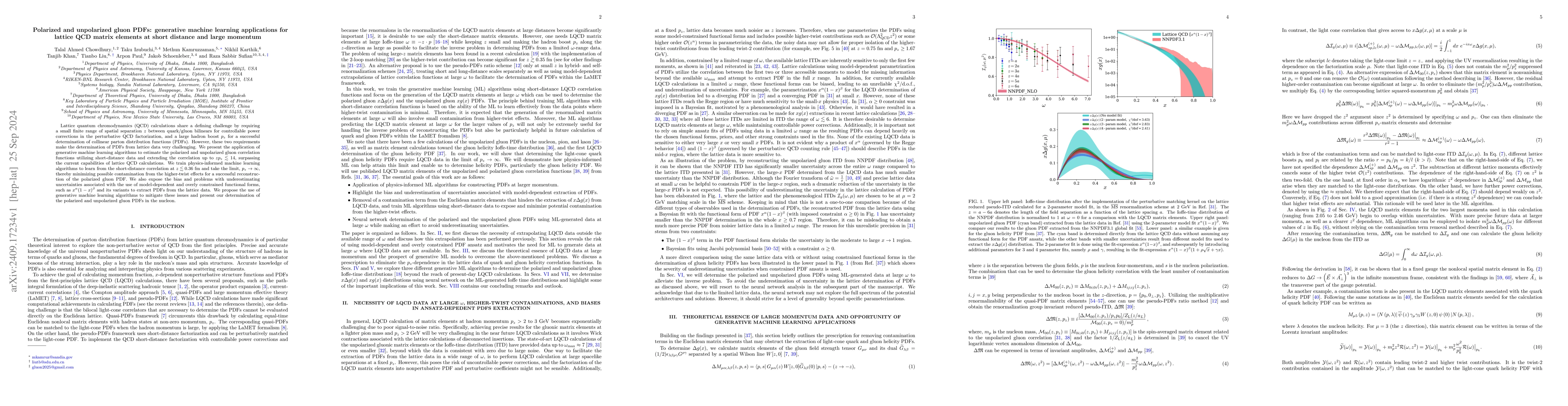 Thumbnail for Polarized and unpolarized gluon PDFs: generative machine learning
  applications for lattice QCD matrix elements at short distance and large
  momentum