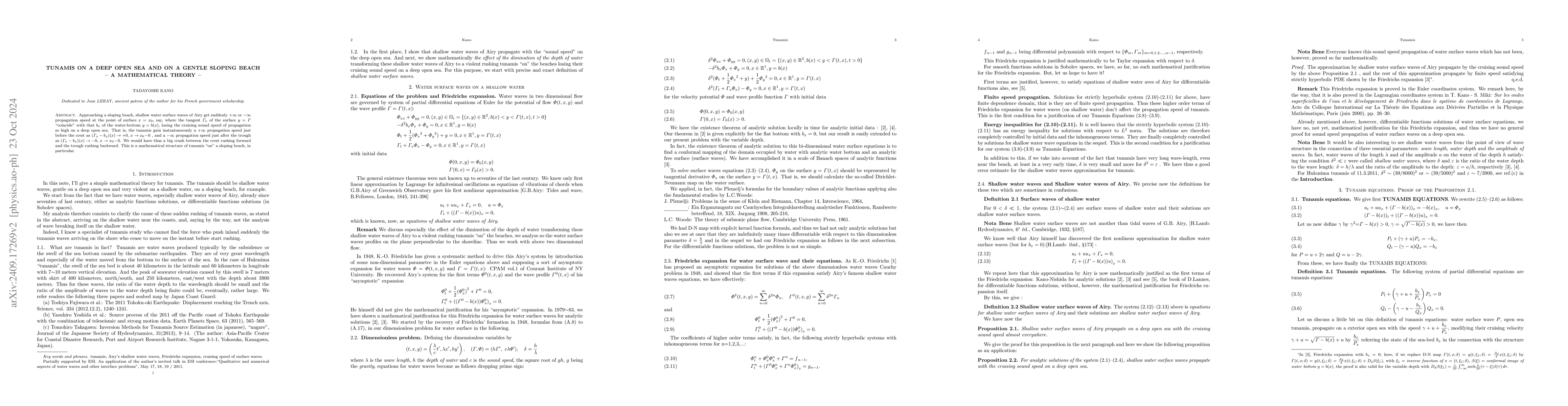Thumbnail for Tunamis on a deep open sea and on a sloping beach -- a mathematical
  theory