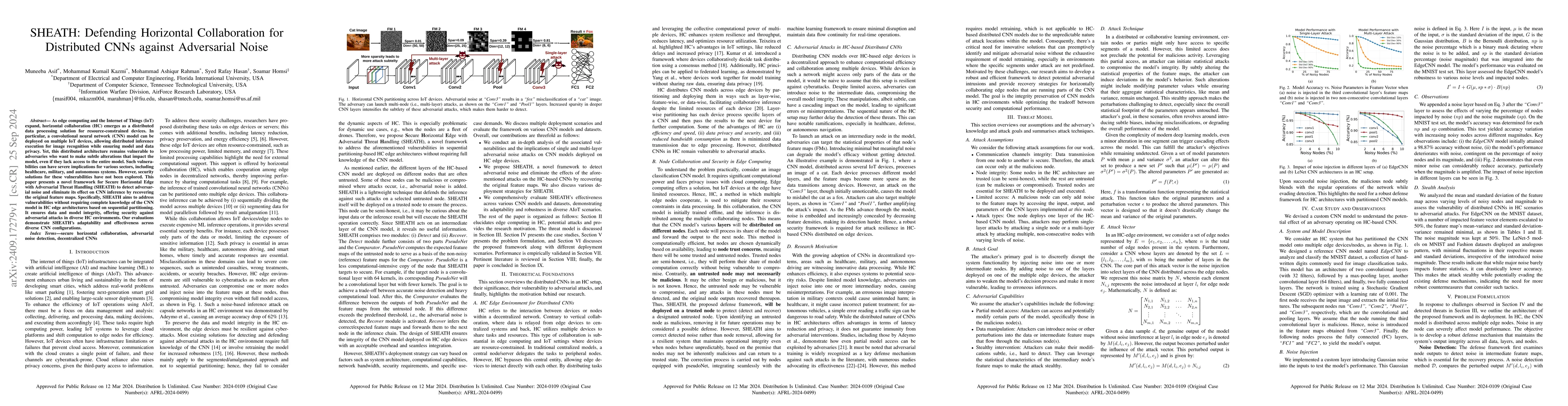 Thumbnail for SHEATH: Defending Horizontal Collaboration for Distributed CNNs against
  Adversarial Noise