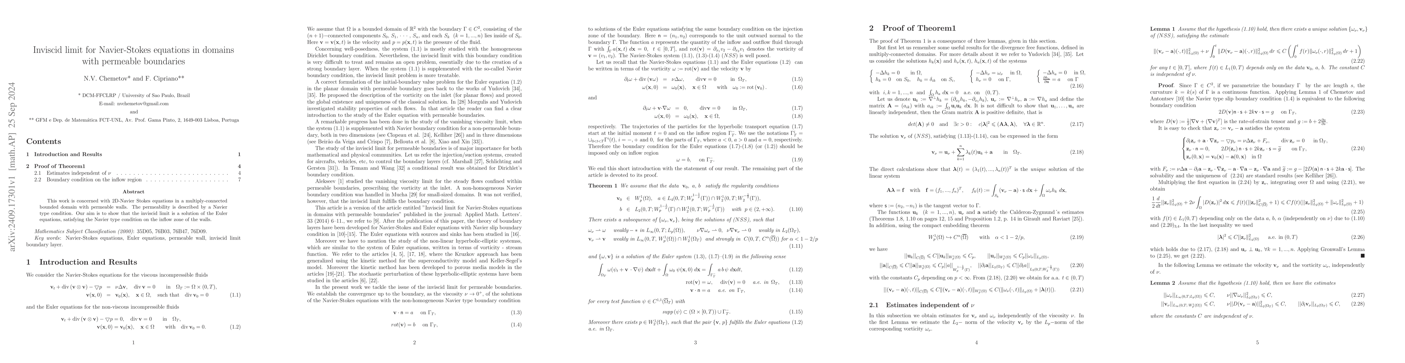 Thumbnail for Inviscid limit for Navier-Stokes equations in domains with permeable
  boundaries